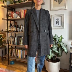 Mango Charcoal Plaid Long Blazer